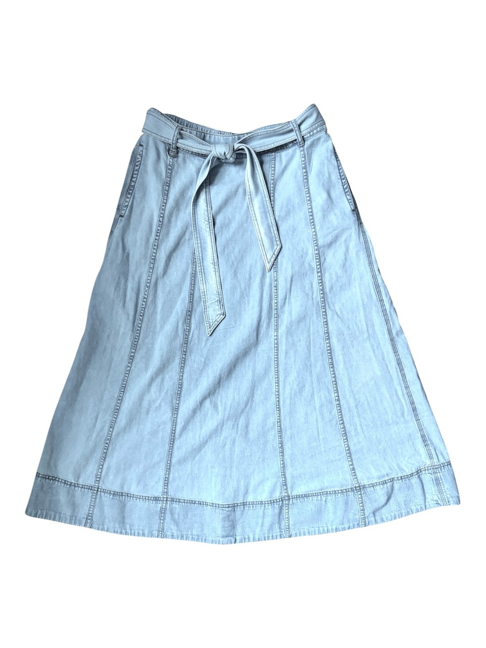 LOFT Light Blue Denim A-Line Paneled Full Tie-Waist Midi Skirt, NWT